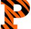 A letter p with black and orange stripes  Description automatically generated